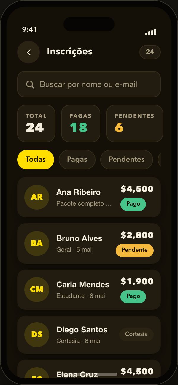 Cobre inscrições e controle seus pagamentos