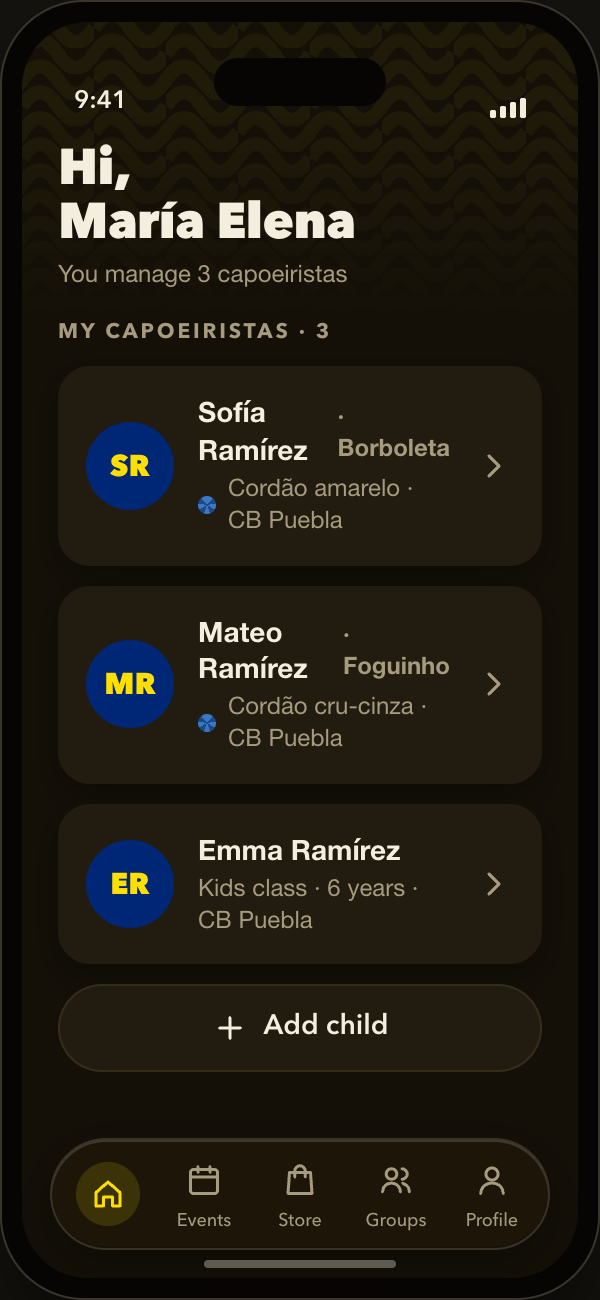 Manage your kids' capoeira from one account
